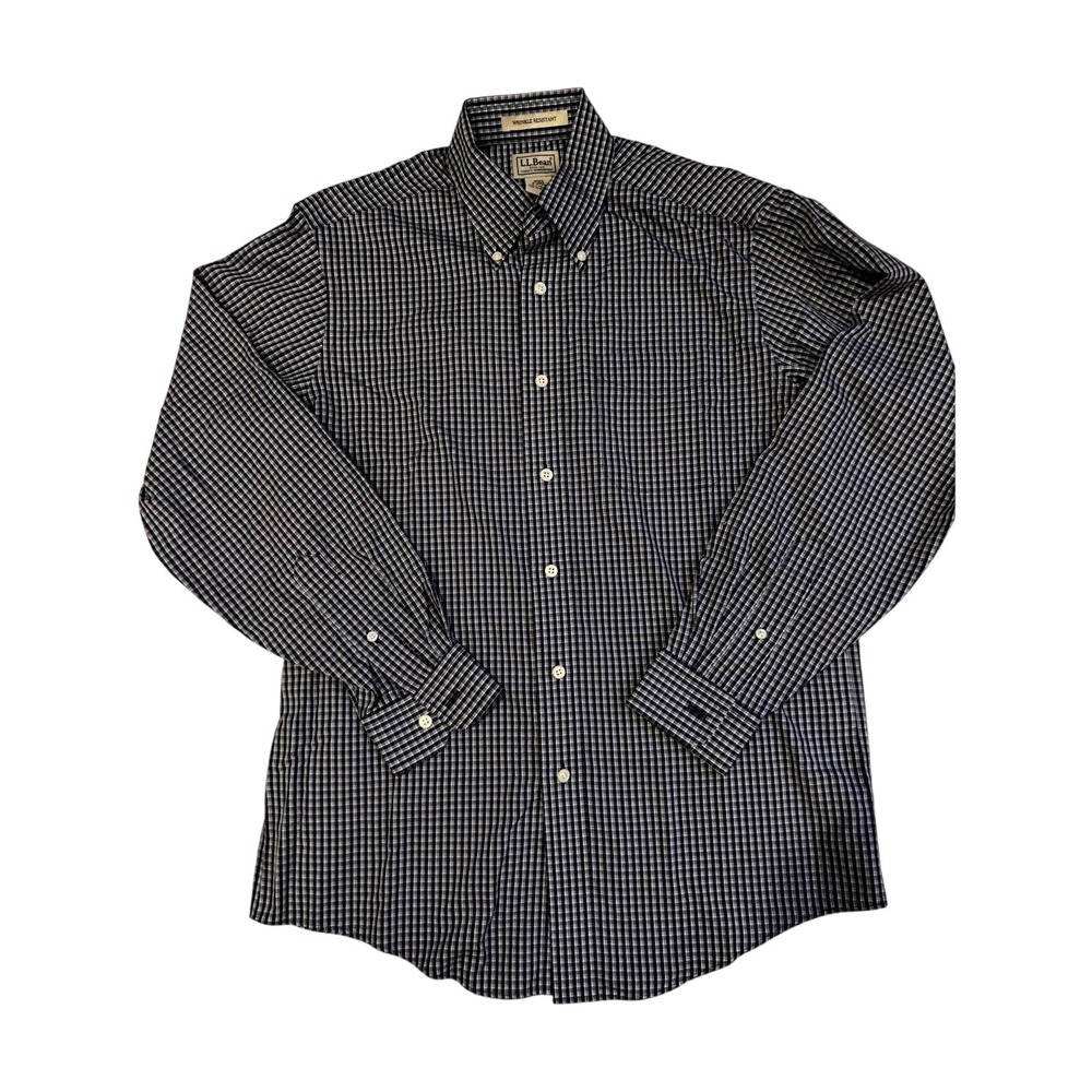 L.L Bean Mens Blue Wrinkle Resistant Button Down Shirt Gingham Plaid  S-REG
